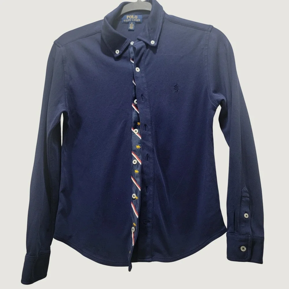 Polo Ralph Lauren Boys M 10-12 Navy Knit ButtonDown Shirt Striped Placket Preppy